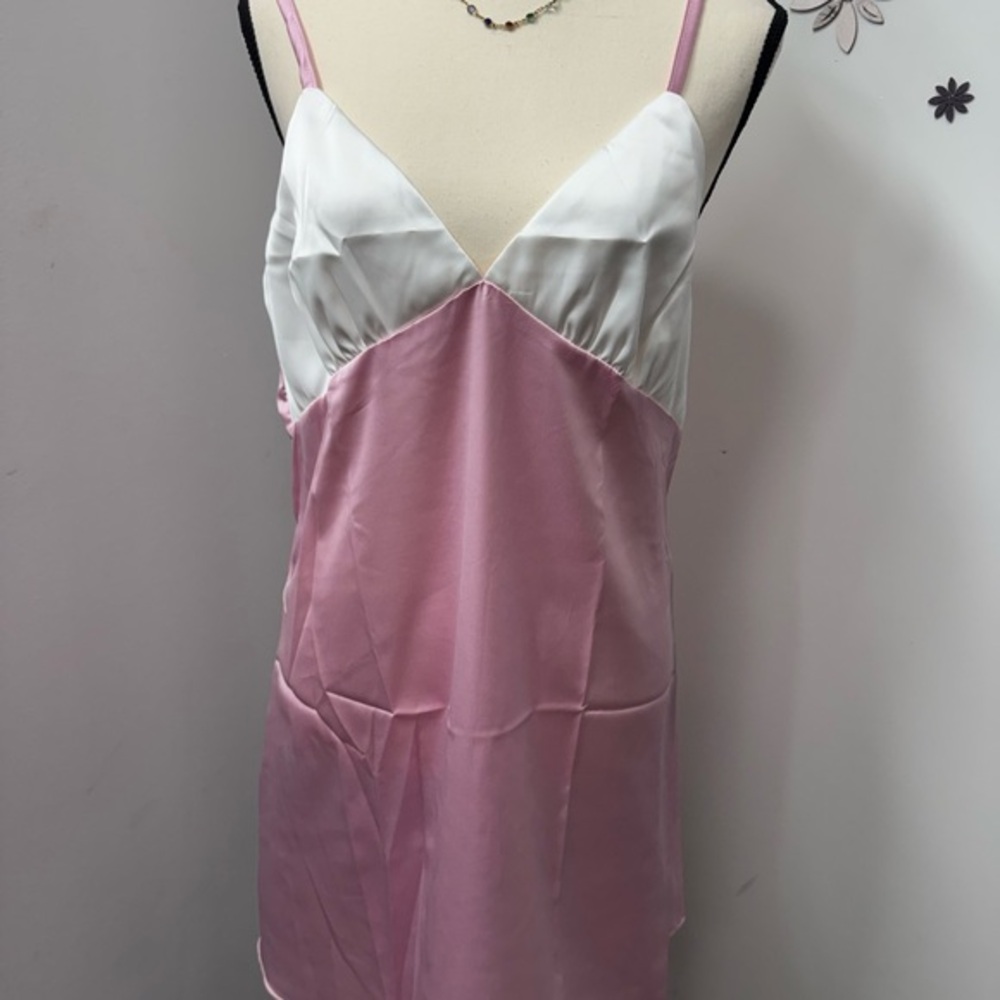 Marvmys Pink and White Satin Sexy Slip Chemise Adjustable Straps Two-tone L